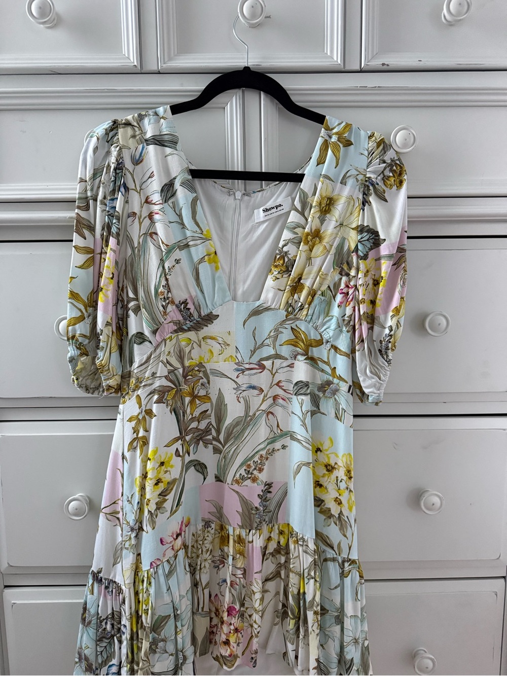 Showpo Floral V‑Neck Tiered Mini Dress in White, Light Blue & Pale Pink